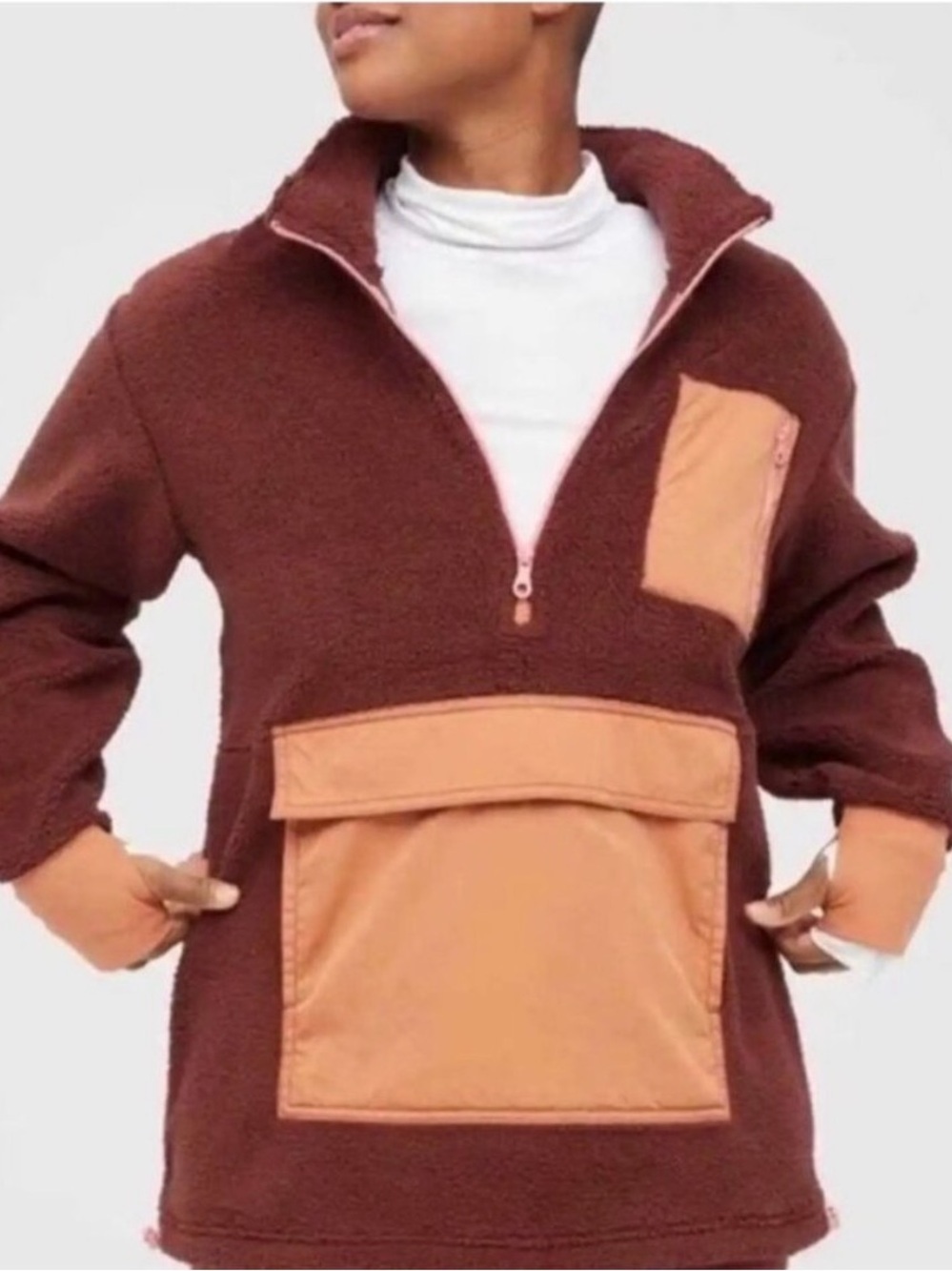 Offline by Aerie Cabin Fever Sherpa Quarter Zip Pullover Burgundy Orange Medium